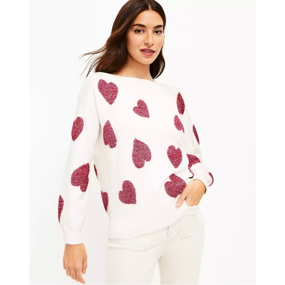 LOFT Sweaters - NWT Shimmer Heart Boatneck Sweater White & Pink Size XS